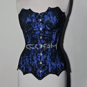 Corsé de satén azul de alta calidad para mujer, con copas redondeadas y encaje floral negro superpuesto. - Product Image 5