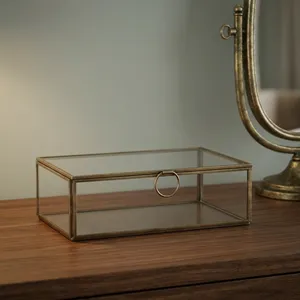 Boîte à bijoux en verre au design artisanal avec cadre métallique et poignée en anneau pour le rangement, boîte à bijoux décorative, conteneur de rangement - Product Image 3