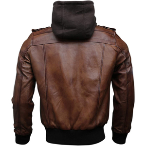 Blouson bomber en cuir marron pour homme avec fermeture éclair et doublure en fausse fourrure, style moto hiver - Product Image 2