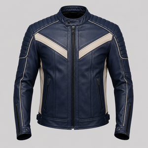 Blouson moto homme en cuir PU bleu, col montant, fermeture éclair, design color block, coupe slim, coupe-vent, style automne - Product Image 4