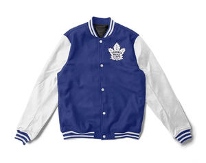 เสื้อแจ็คเก็ตวาร์ซิตี้สีน้ำเงินรอยัลแบบกำหนดเองสำหรับผู้ชาย แจ็คเก็ตบอมเบอร์แขนหนังสีขาว ขายส่งชุดยูนิฟอร์มเบสบอลแบบ Letterman ชุดกีฬา - Product Image 1