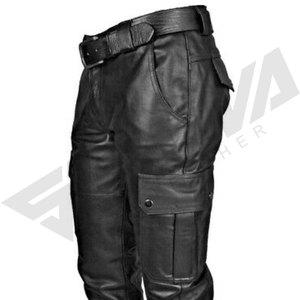 Pantalones Casuales de Cuero PU Negro para Hombre, Cintura Media, Múltiples Bolsillos, Impermeables, Estilo Motero, Corte Recto, Cierre de Cremallera, para Invierno - Product Image 5