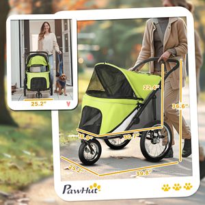 Passeggino per Cani a 3 Ruote, Pieghevole con Una Mano, Cuscino Morbido, Borsa Portaoggetti, Chiusura a Bottone - per Cani di Taglia Piccola e Media - Colore Verde Giallastro - Product Image 3
