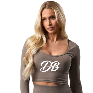 Haut court à manches longues pour femme, coupe ajustée, extensible, style décontracté et sportif, avec logo frontal, 100% coton doux et respirant - Product Image 1