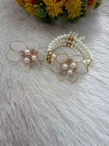 Handcrafted <b>White</b> Floral Pearl <b>Bracelet</b> and Matching Ring Set for Women and Girls Elegant Multilayer Imitation Pearl Kangan - Product Image 2