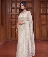 Sari indien traditionnel ethnique de créateur pour mariage, avec broderie en résille lourde et travail de sequins, pour femme, coupe tendance