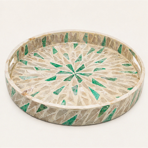 Plateau de service décoratif rond en nacre incrustée, fait main, mosaïque de coquillages, plateau de table basse, décoration d'intérieur avec poignée - Product Image 6