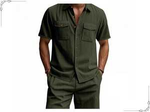 Men's Olive Green Striped <b>Short</b> Sleeve Shirt & <b>Shorts</b> Set Casual Breathable 100% Cotton Regular Fit Summer Outfit - Product Image 1