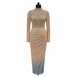 Women Champagne <b>Sequin</b> Wedding Maxi Dress High Neck Long Sleeve Ruched Ombre Embellished Bridal Gown Formal Reception Evening - Product Image 1