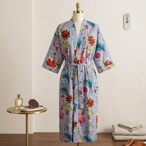 Bata Kimono de Algodón Gris con Estampado Floral, Larga, Ligera, Hecha a Mano, para Descanso, Baño y Spa de Verano - Product Image 3