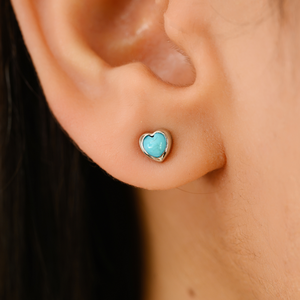 14K Gold Bezel Set <b>Turquoise</b> Heart <b>Stud</b> <b>Earrings</b> Trendy Vintage Gift for Daughter - Product Image 1