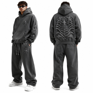 Nouvel ensemble de survêtement confortable deux pièces avec sweats à capuche surdimensionnés et épais, personnalisés et gaufrés, et pantalons de jogging à jambes larges - Fournisseur ODM - Product Image 3