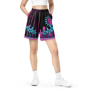 Men's Sublimated Basketball Shorts Black Pink Teal Palm Tree Print Elastic Waist Quick Dry Summer Wear - Product Image 2