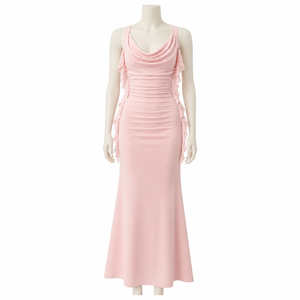 Elegante Vestido Maxi Rosa Pálido con Volantes y Corte en A para Mujer |   Vestido sin mangas con cuello tipo capucha y fruncido para primavera y otoño, ideal para fiestas informales y cócteles. - Product Image 1