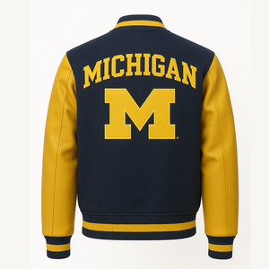 Custom for Navy Blue <b>Yellow</b> Men's Winter Varsity Letterman Jacket <b>Wool</b> Body Leather Sleeves College Team Sport Bomber - Product Image 5