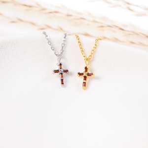 <b>Garnet</b> Pendant 925 Sterling Silver 14K Gold Plated Faith Cross Gothic Necklace Dainty Spiritual Jewelry Gift - Product Image 6