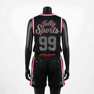 Conjunto de pantalones cortos de baloncesto de malla de poliéster premium, transpirable, uniforme negro con ribete rojo y blanco, panel lateral con logo sublimado, conjuntos para mujer - Product Image 2