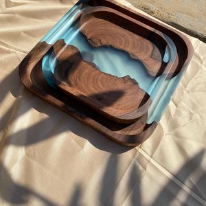 Decorative <b>Resin</b> And Wooden Tray With <b>Epoxy</b> River Design And Smooth Polished Finish For Dining <b>Table</b> Use - Product Image 1