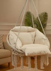 Macrame <b>Hammock</b> Hanging Chair with Cushion, Beige Boho <b>Swing</b> Seat for Bedroom Porch Balcony - Product Image 4