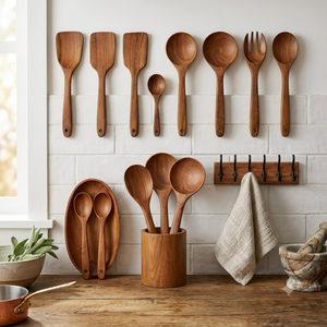 Juego de Utensilios de Cocina de Madera de Teca Premium ARTERRA, Espátula de Mango Largo, Cuchara Antiadherente con Soporte, Ecológico - Product Image 6