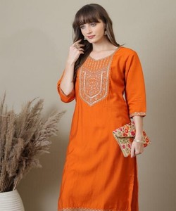 Kurti en rayonne fantaisie avec broderie, tenue de fête, prix de gros, vêtement ethnique, orange - Product Image 3