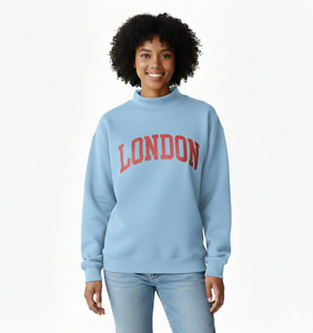 Women <b>Light</b> Blue Turtleneck Sweatshirt London <b>Letter</b> Print Cotton Knitted Autumn Streetwear Regular Fit Full Sleeve - Product Image 1