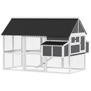 Pollaio in Legno Grigio con Recinto, Nidi e Barre per il Posamento, Gabbia per Polli da 6-8 Esemplari con Rampa e Vassoio Inclusi - Product Image 1