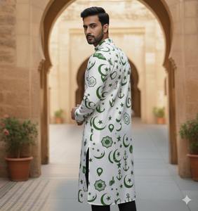 Kurta Larga Estampada de Algodón para Hombre – Ropa Islámica para el Festival del Eid con Motivos de Luna Creciente y Estrella - Product Image 4