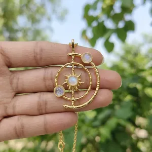 Trending Fashion Jewelry 18k Gold Plated Brass <b>Lab</b> Created <b>Rainbow</b> Moonstone Gemstone Solar System Pendant Buddhism Romantic - Product Image 5