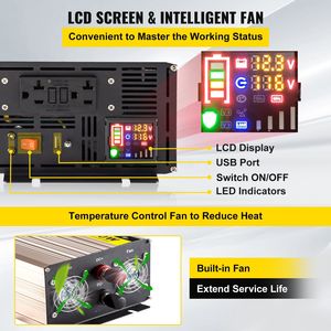 Onduleur à onde sinusoïdale pure de 2000 watts DC 12V AC 110V Onduleur de voiture Affichage LCD Port USB 5V Prises CA (GFCI) pour convertisseur de voiture - Product Image 6