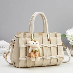 Beige PU Handbag Woven Shoulder Bag Two Handles Zipper Purse Crossbody Tote Large Capacity for Daily Travel - Product Image 1