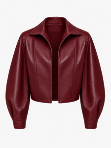 Women’s <b>Burgundy</b> Lambskin <b>Leather</b> <b>Jacket</b> Cropped Zip Front Long Sleeve Fashion Outerwear - Product Image 2