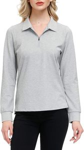Polo de golf pour femmes à manches longues avec fermeture éclair, chemises de sport actives, t-shirt athlétique à séchage rapide, hauts de tennis décontractés, coupe ajustée - Product Image 4