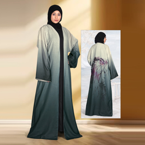 Abaya de Lino con Frente Abierto y Panel Trasero con Estampado Digital Artístico, Diseño de Tela Degradada, Elegante y Modesto, Largo hasta el Suelo, para Mujer - Product Image 2