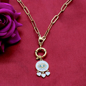 Collar de Plata 925 Bañado en Oro con Cadena de Eslabones Tipo Paperclip, Ojo Turco, Medallón Esmaltado, Colgante de Corazón y Cierre Marinero - Venta al por Mayor - Product Image 6
