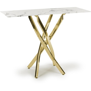 Mesa Consola Moderna de Lujo en Mármol Sintético Blanco con Patas Metálicas Doradas en Forma de X, Elegante Mueble Rectangular para el Pasillo o como Acento junto al Sofá - Product Image 1