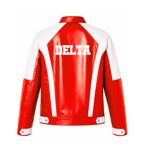 Veste en cuir personnalisée Delta Sigma Theta Sorority, rouge et blanche, logo brodé, style décontracté pour femme, avec doublure en polyester - Product Image 3