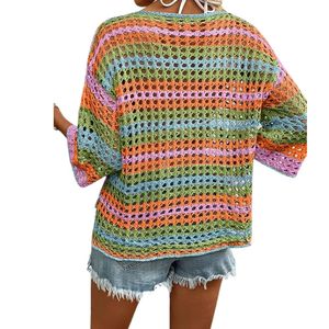 Suéter de Ganchillo de Manga 3/4 para Mujer, Primavera-Verano, Diseño Calado con Bloques de Color y Rayas, Blusa Informal para la Playa o Vacaciones - Product Image 1