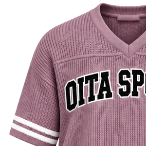 Dusty <b>Pink</b> Knit V Neck Sports Jersey Short Sleeve White Stripe Detail Custom Oversized Casual Athletic Performance Team <b>Shirt</b> - Product Image 6