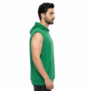 <b>Men</b> Hooded Sleeveless Tank Top Solid <b>Green</b> French Terry Casual Workout Shirt Regular Fit Pocket Design Autumn Wear - Product Image 4