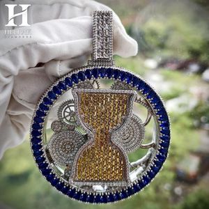 Custom Hip Hop Jewellery Iced Out Spinning Watch Gear Pendant <b>Blue</b> Halo Yellow Center Round Medallion Charm <b>Necklace</b> for Men - Product Image 2