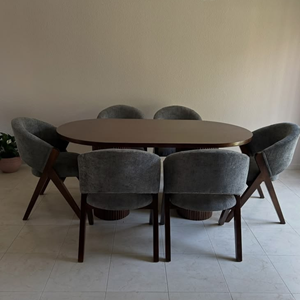 Juego de comedor ovalado contemporáneo de lujo con silla tapizada, muebles de comedor modernos de madera oscura - Product Image 1