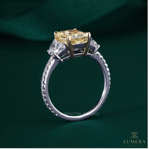 Radiant Cut Lab Grown Diamond Three Stone Engagement <b>Ring</b> 9K 10K 14K 18K Yellow Gold with Trapezoid Side Stones - Product Image 3