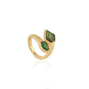 Anillo de Fiesta Tipo Wrap, Chapado en Oro de 18k, con Doble Gema de Cobre Turquesa Verde Mohave Creada en Laboratorio, Abierto por Delante, de Diseño Audaz y Llamativo - Product Image 3