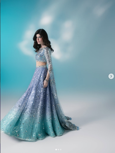 Elegant Blue Gradient Glitter Print Silk Satin <b>Lehenga</b> Choli <b>Women</b> Wedding Wear India Pakistan Floor Length Regular Fit SADIA - Product Image 1
