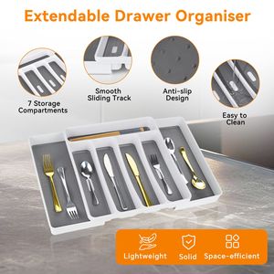 Organisateur de tiroir de cuisine extensible à 7 compartiments, organisateur multifonctionnel réglable avec doublure antidérapante - Product Image 5