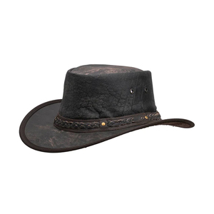 Chapeau de cowboy en cuir noir vieilli, style western, avec bande tressée et œillets, large bord, unisexe, vintage, chapeau de brousse Outback, pour usage quotidien - Product Image 1