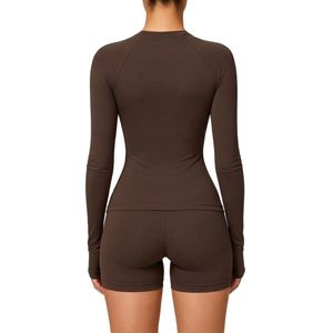 Custom <b>Brown</b> Women's Slim Fit <b>Long</b> <b>Sleeve</b> Yoga <b>Top</b> Crew Neck Fitness Shirt Studio Training Activewear - Product Image 2
