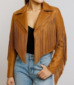 Women's PU Leather <b>Fringe</b> Motorcycle <b>Jacket</b> Solid Color Spread Collar Short Length Full Sleeve Autumn Wear - Product Image 4