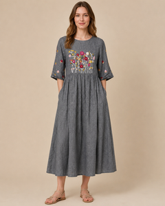 Vestido Maxi Casual de Algodón Bordado para Mujer, Manga Tres Cuartos, Estilo Vintage para Vacaciones - Product Image 1